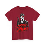 Crime Is a Disease shirt | Noir gunman graphic tee, red accent sunglasses