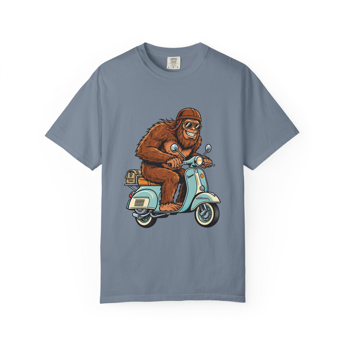 Sasquatch Scooter T-Shirt — Retro Bigfoot Riding Vespa Graphic Tee