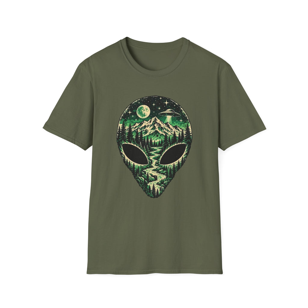 Mystical Mountain Alien T-Shirt – Retro UFO Lover Graphic Tee