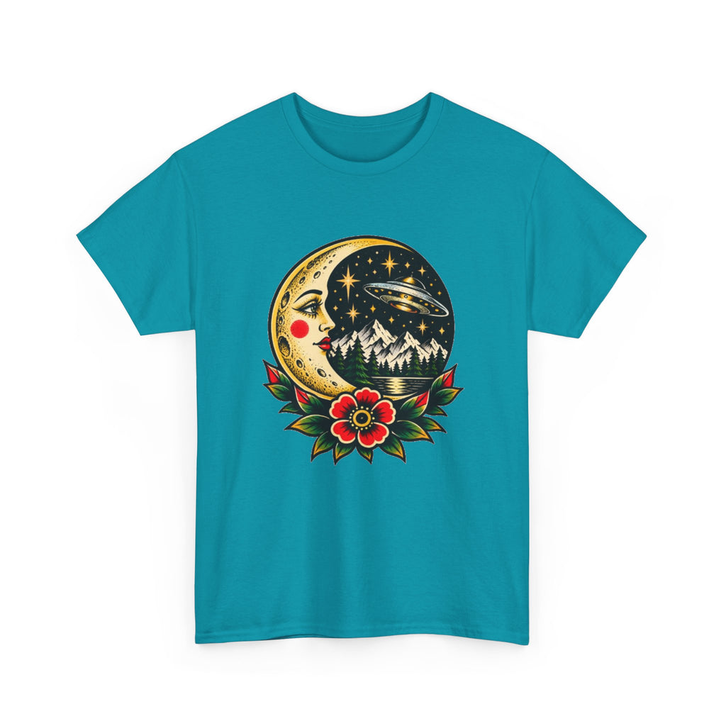 Moon & Forest Tattoo Tee — Vintage Crescent Moon, Night Sky and Flower Graphic T-Shirt