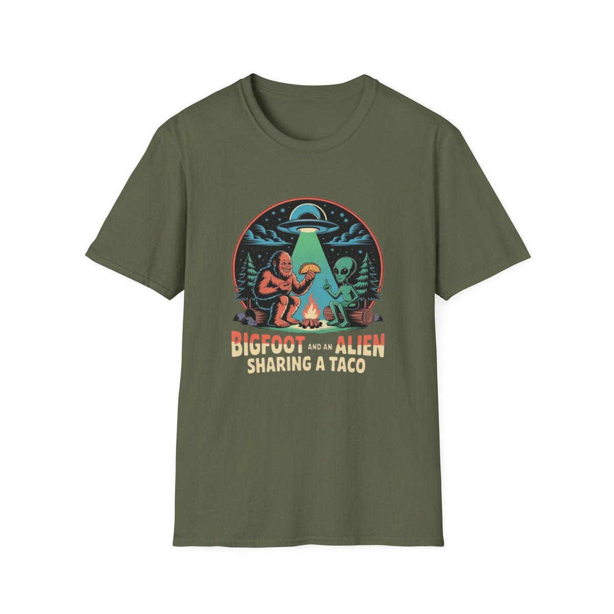 Bigfoot and Alien Sharing a Taco Graphic T-Shirt