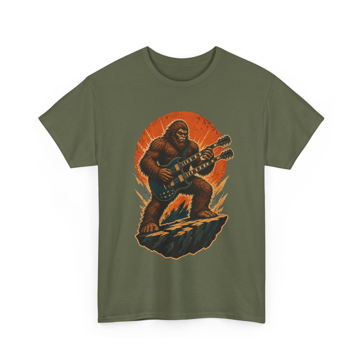 Sasquatch Playing Double-Neck Guitar T-Shirt | Retro Rock Monster Tee