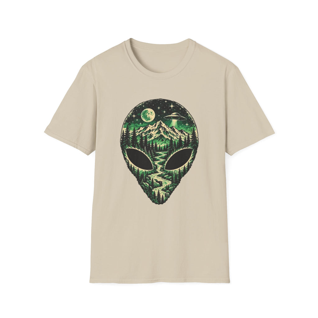 Mystical Mountain Alien T-Shirt – Retro UFO Lover Graphic Tee