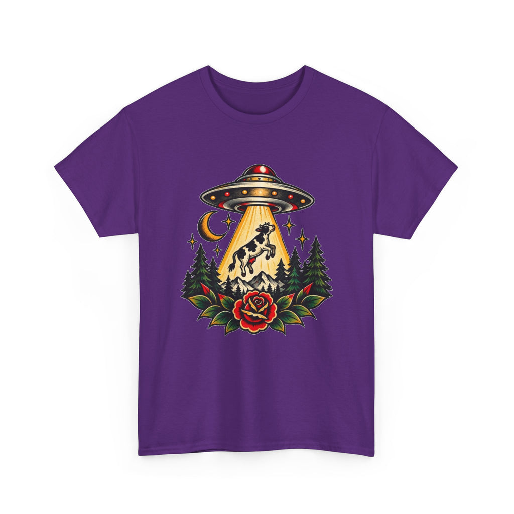 UFO Abduction Tee — Retro Alien Tractor Beam with Deer & Forest Tattoo Art
