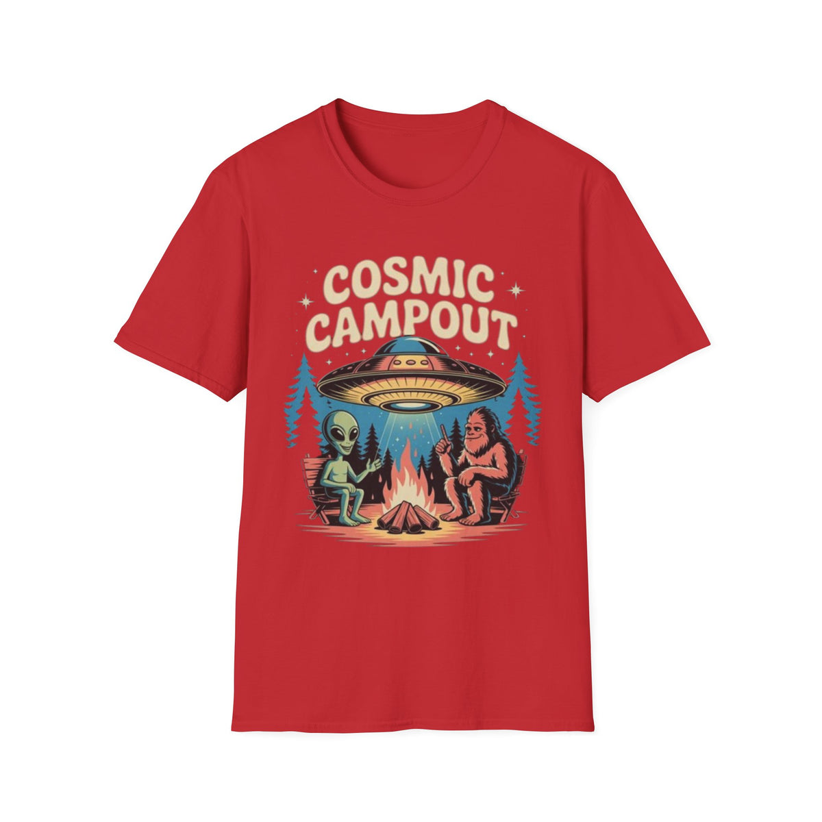 Cosmic Campout T-Shirt — Alien & Sasquatch Campfire Graphic Tee