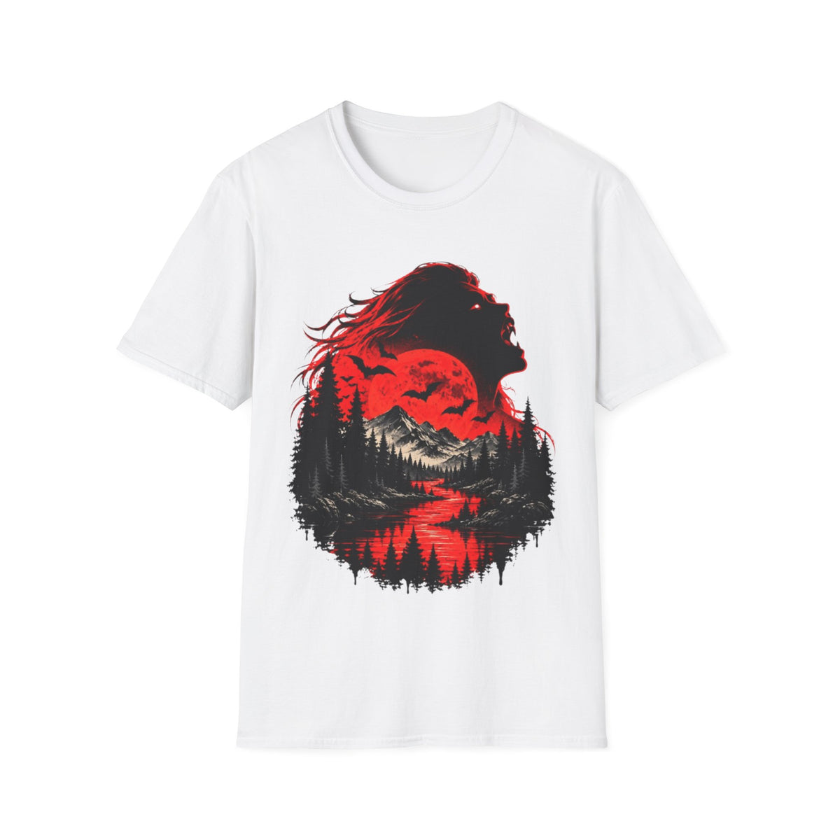 Werewolf Moon Nature T-Shirt — Red Moon Wilderness Silhouette Tee