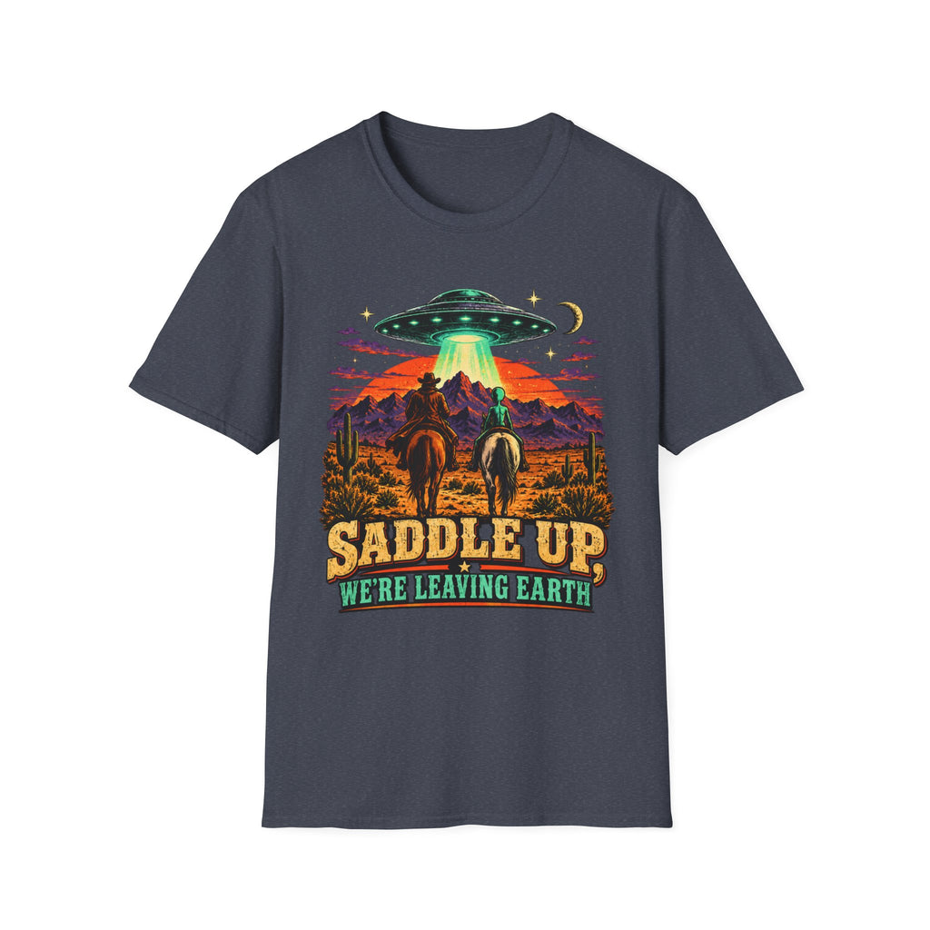 “Saddle Up We’re Leaving Earth” Retro Western Alien Tee