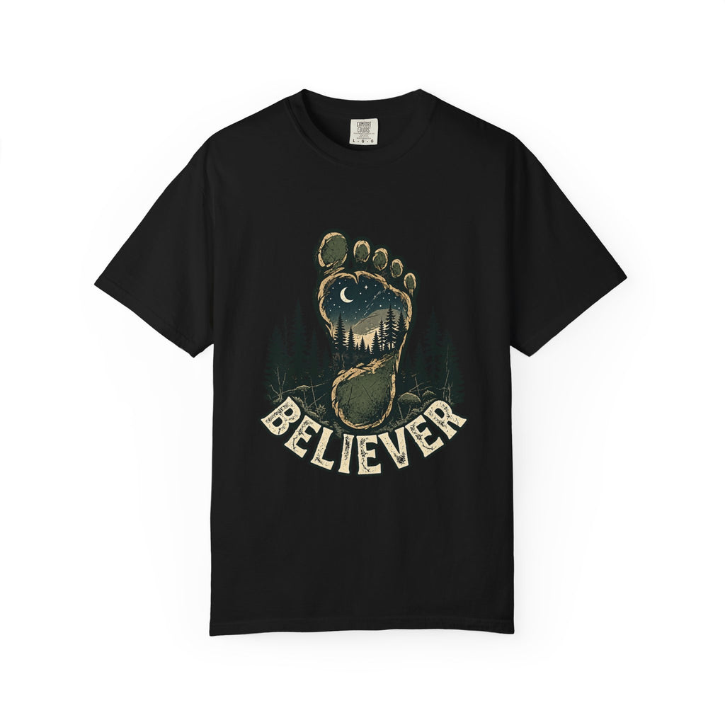 Believer Bigfoot Footprint T-Shirt — Sasquatch Forest Adventure Tee