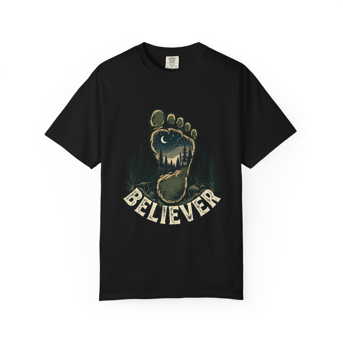 Believer Bigfoot Footprint T-Shirt — Sasquatch Forest Adventure Tee