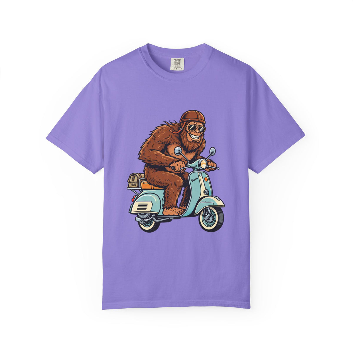 Sasquatch Scooter T-Shirt — Retro Bigfoot Riding Vespa Graphic Tee