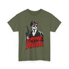 Crime Is a Disease shirt | Noir gunman graphic tee, red accent sunglasses