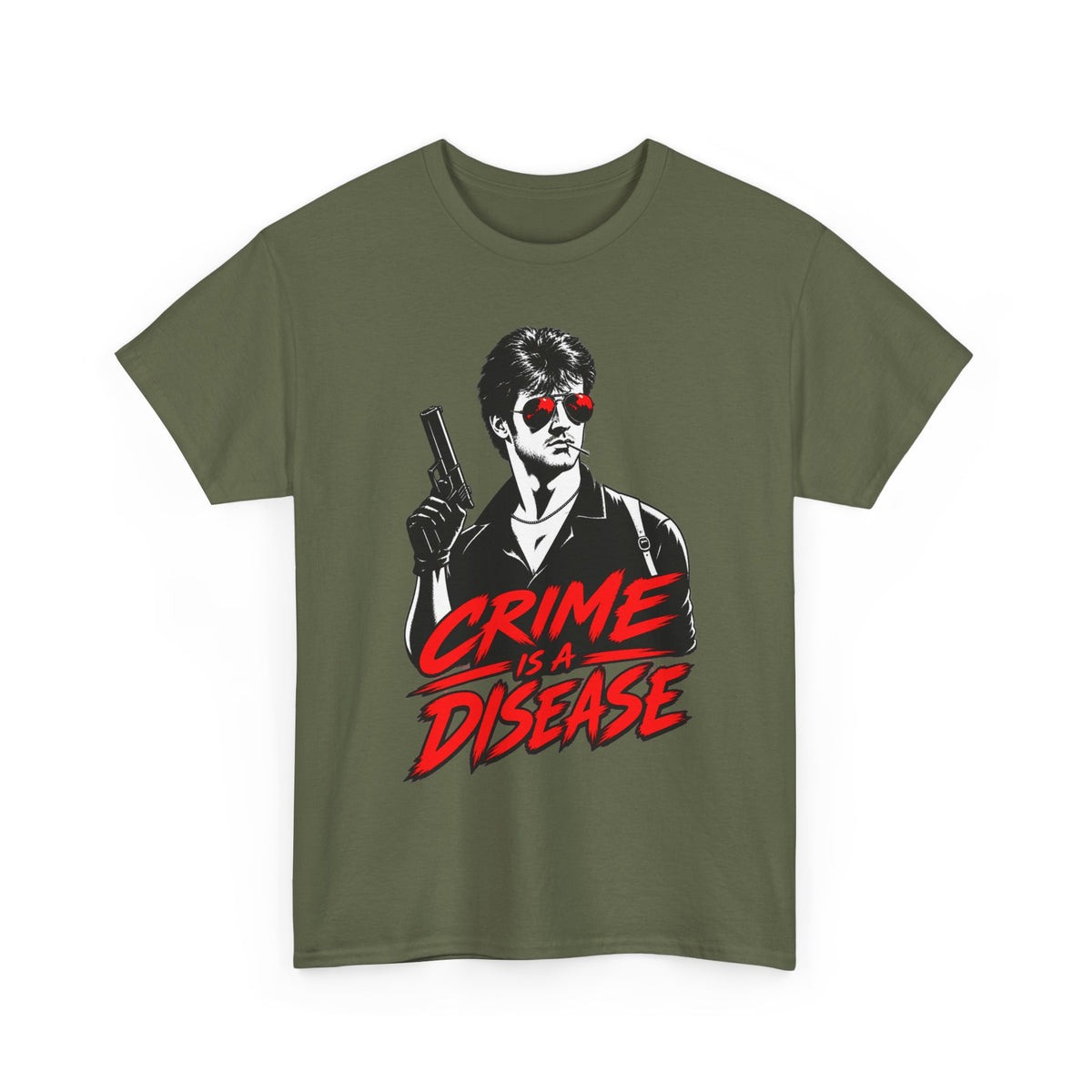 Crime Is a Disease shirt | Noir gunman graphic tee, red accent sunglasses