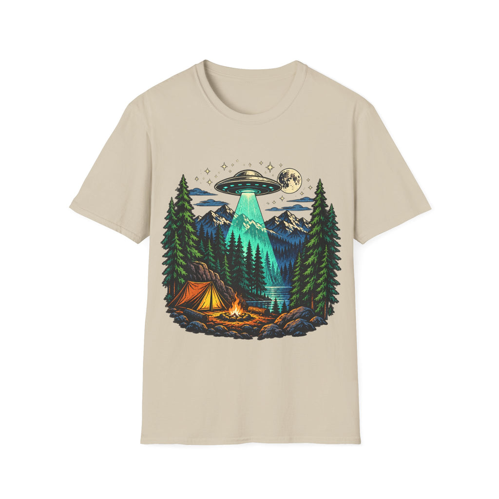 Camping UFO Abduction T-Shirt — Night Forest Tent & Alien Spaceship Graphic