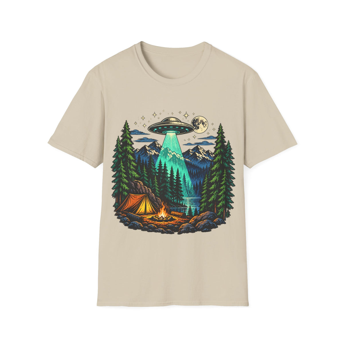 Camping UFO Abduction T-Shirt — Night Forest Tent & Alien Spaceship Graphic