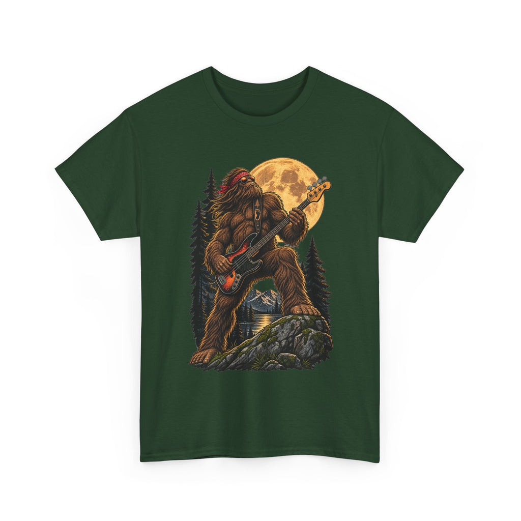 Bigfoot Playing Electric Guitar T-Shirt | Sasquatch Moon Forest Rock Tee