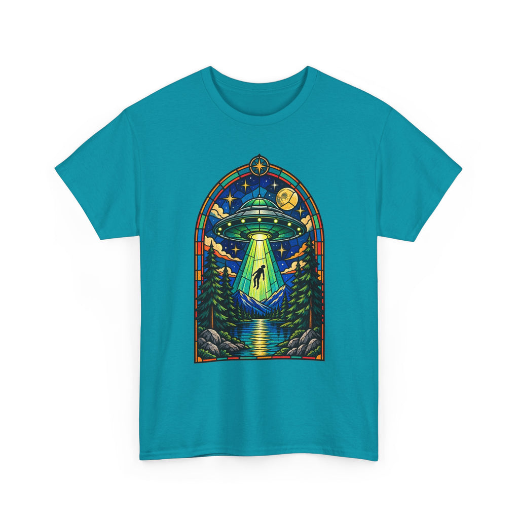 Stained Glass UFO Abduction T-Shirt | Alien Beam, Night Sky, Forest