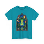 Stained Glass UFO Abduction T-Shirt | Alien Beam, Night Sky, Forest
