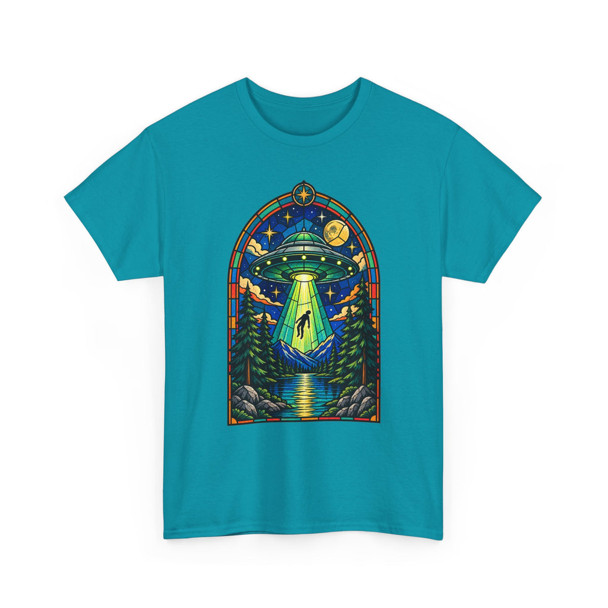 Stained Glass UFO Abduction T-Shirt | Alien Beam, Night Sky, Forest