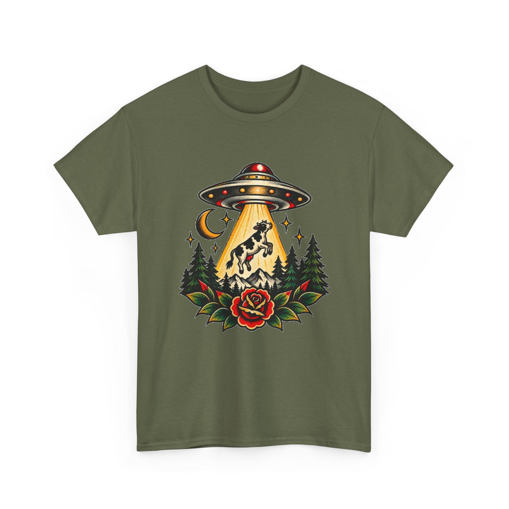 UFO Abduction Tee — Retro Alien Tractor Beam with Deer & Forest Tattoo Art