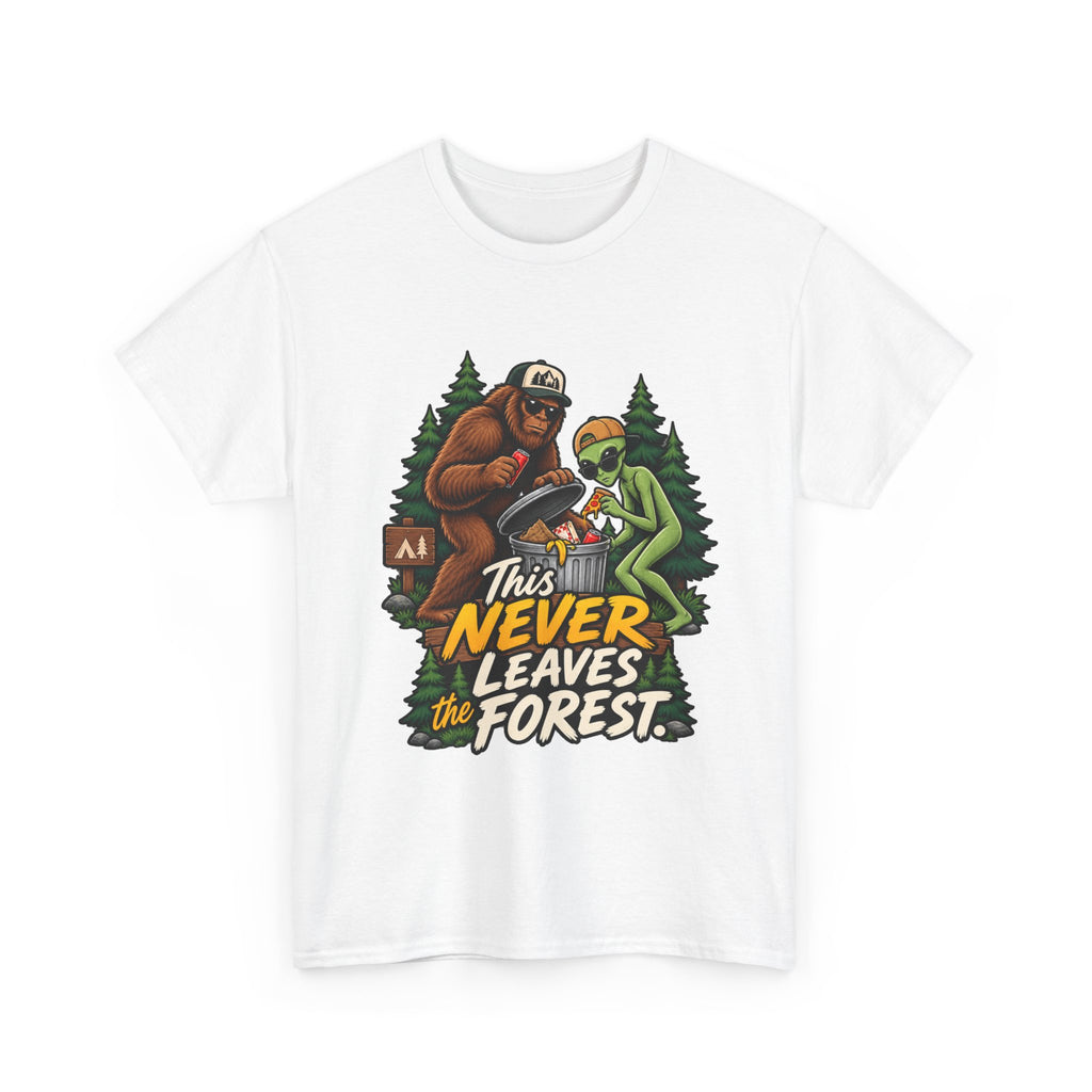 Bigfoot and Alien Illustration Tee | This Never Leaves the Forest, Forest Graphic Shirt