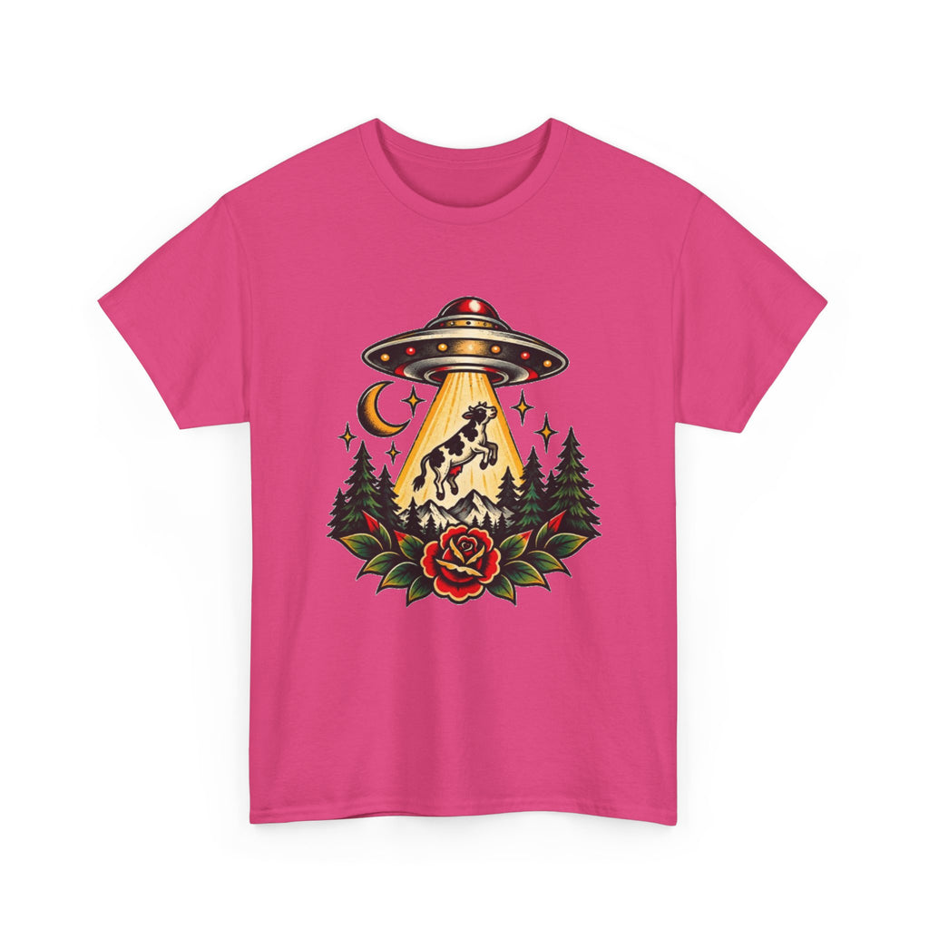 UFO Abduction Tee — Retro Alien Tractor Beam with Deer & Forest Tattoo Art