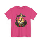 UFO Abduction Tee — Retro Alien Tractor Beam with Deer & Forest Tattoo Art