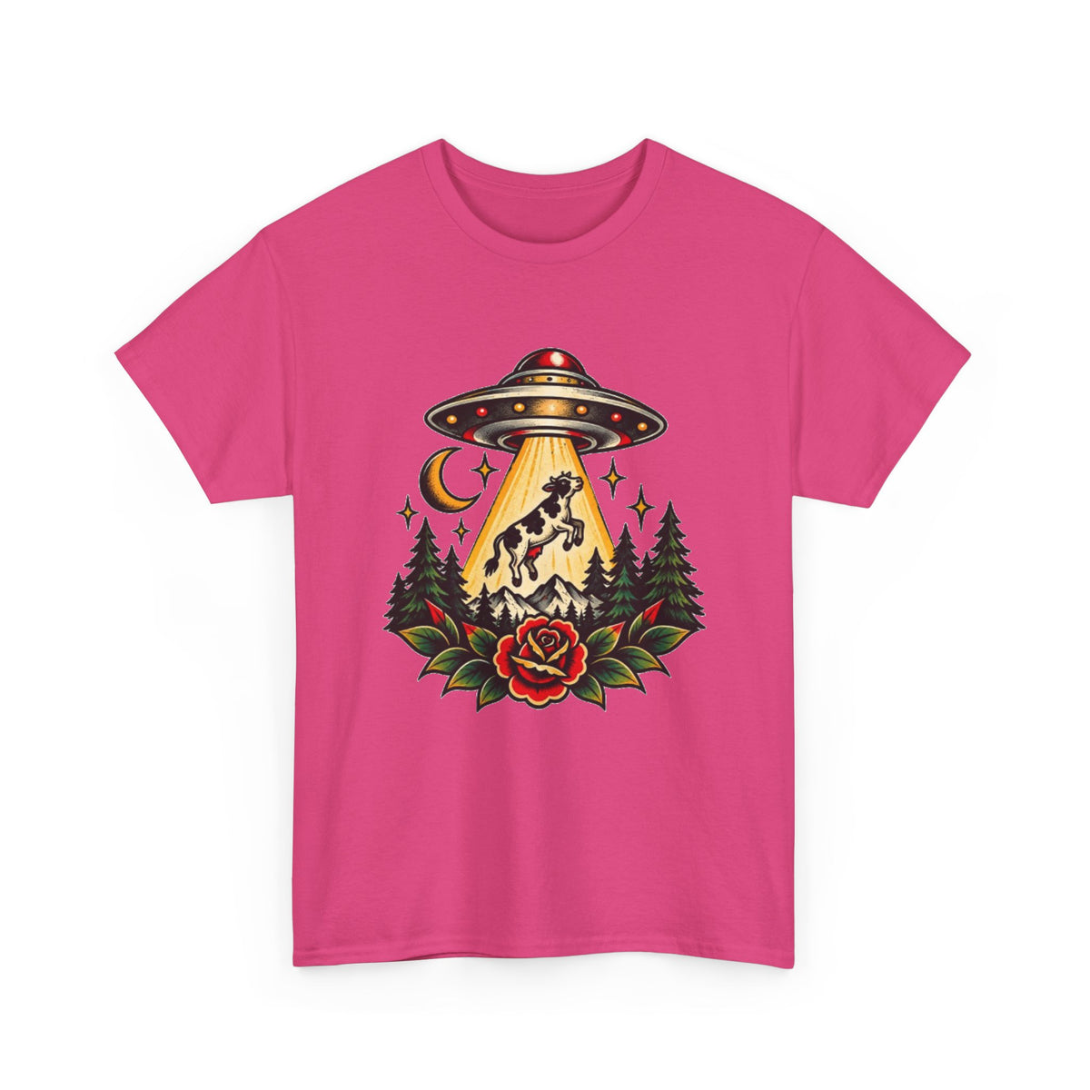 UFO Abduction Tee — Retro Alien Tractor Beam with Deer & Forest Tattoo Art