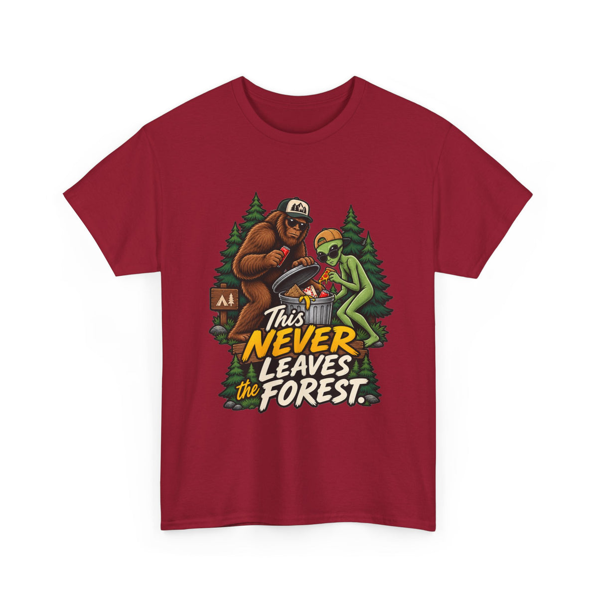 Bigfoot and Alien Illustration Tee | This Never Leaves the Forest, Forest Graphic Shirt