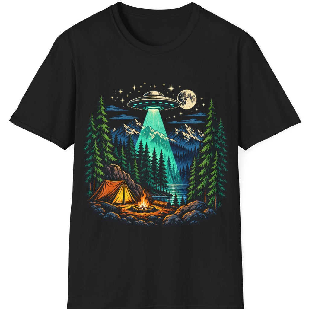 Camping UFO Abduction T-Shirt — Night Forest Tent & Alien Spaceship Graphic