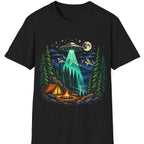 Camping UFO Abduction T-Shirt — Night Forest Tent & Alien Spaceship Graphic