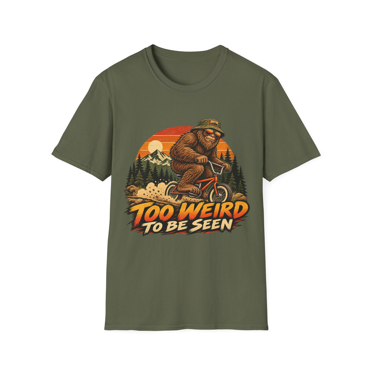 Too Weird to Be Seen Bigfoot Mountain Biking T-Shirt