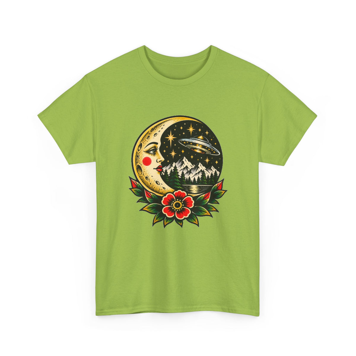 Moon & Forest Tattoo Tee — Vintage Crescent Moon, Night Sky and Flower Graphic T-Shirt