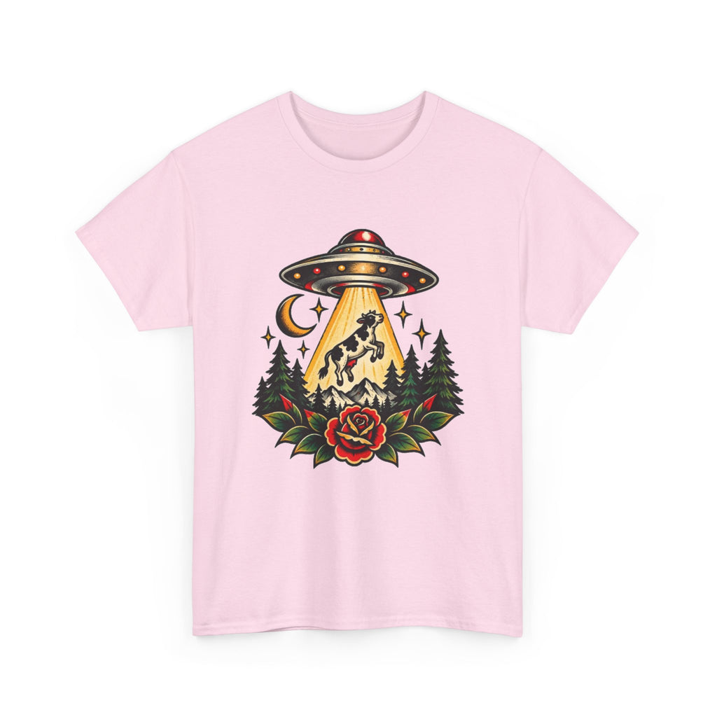 UFO Abduction Tee — Retro Alien Tractor Beam with Deer & Forest Tattoo Art