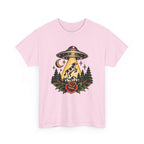 UFO Abduction Tee — Retro Alien Tractor Beam with Deer & Forest Tattoo Art