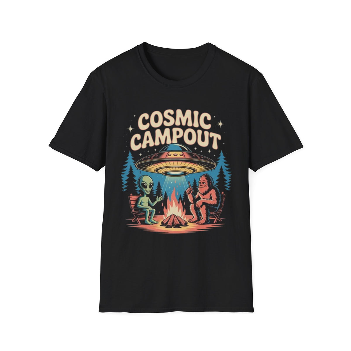 Cosmic Campout T-Shirt — Alien & Sasquatch Campfire Graphic Tee