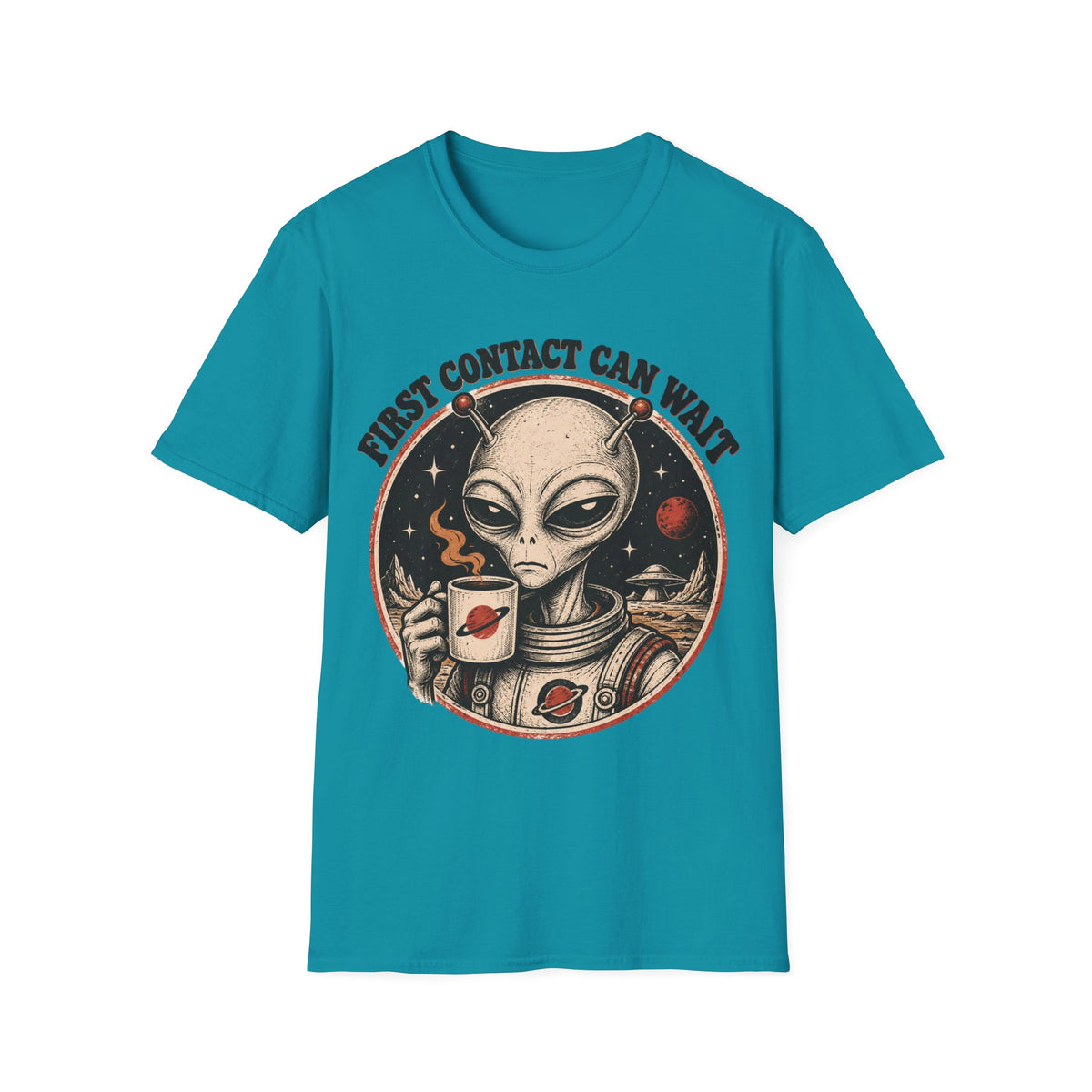 Alien Astronaut T‑Shirt - "First Contact Can Wait" Coffee Space Tee