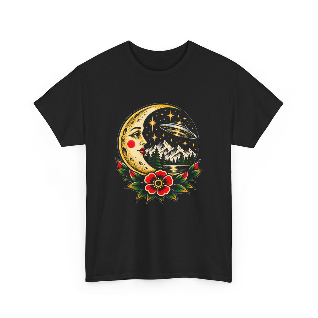 Moon & Forest Tattoo Tee — Vintage Crescent Moon, Night Sky and Flower Graphic T-Shirt