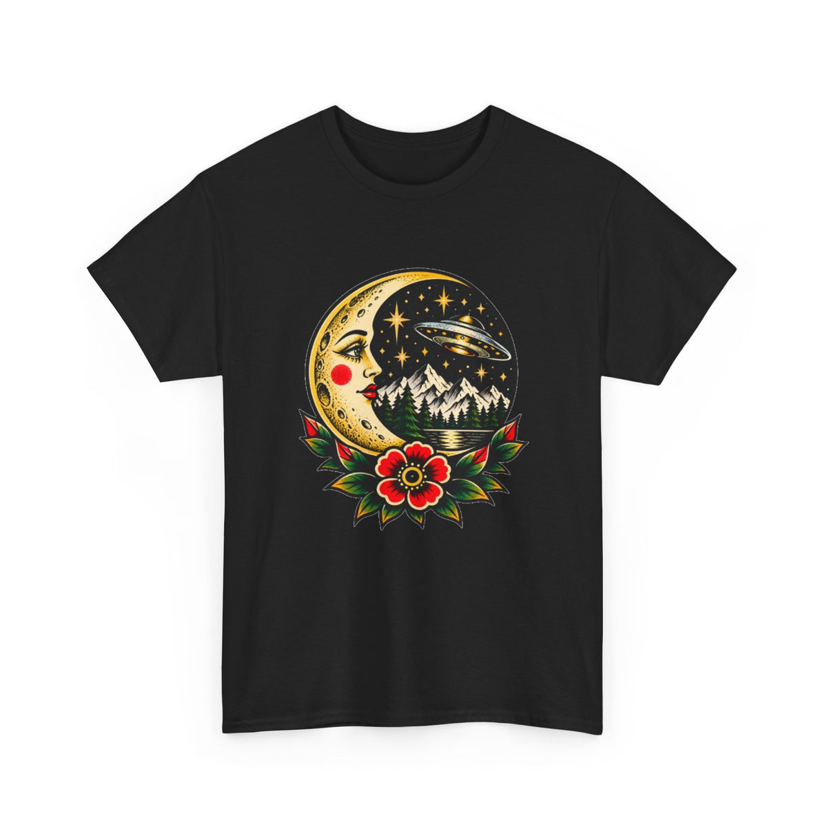 Moon & Forest Tattoo Tee — Vintage Crescent Moon, Night Sky and Flower Graphic T-Shirt