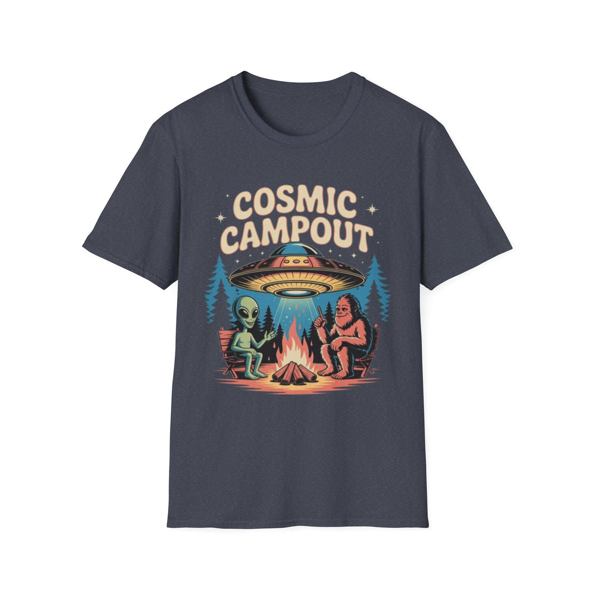Cosmic Campout T-Shirt — Alien & Sasquatch Campfire Graphic Tee