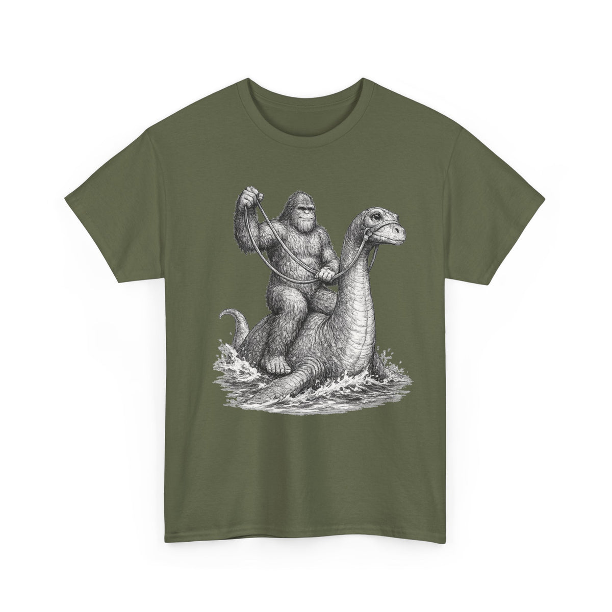 Gorilla Riding Loch Ness Monster T-Shirt | Vintage Monster Illustration