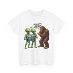 Alien Tourists Asking Bigfoot T-Shirt | Sasquatch, UFO, Funny Cryptid Design