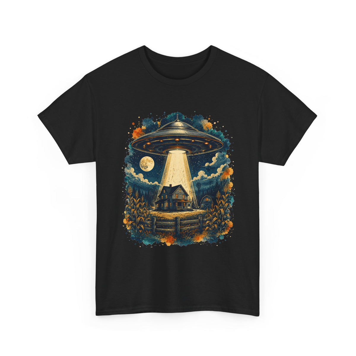 UFO Abduction Forest Scene T-Shirt | Alien Spaceship Moonlight