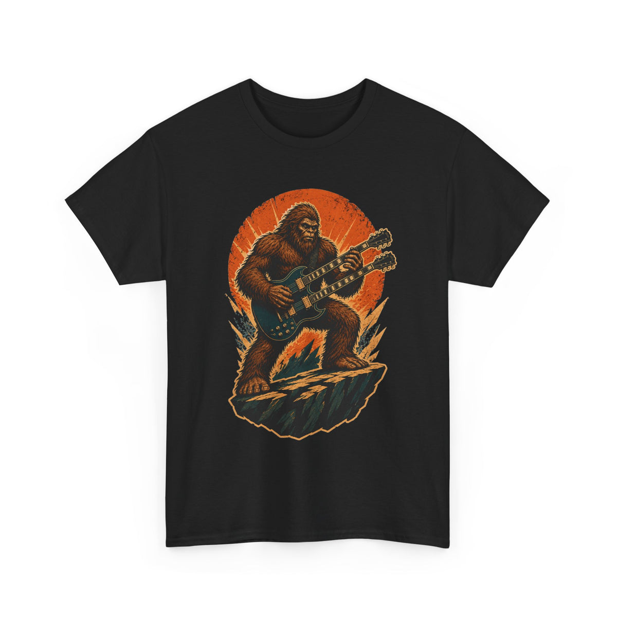 Sasquatch Playing Double-Neck Guitar T-Shirt | Retro Rock Monster Tee