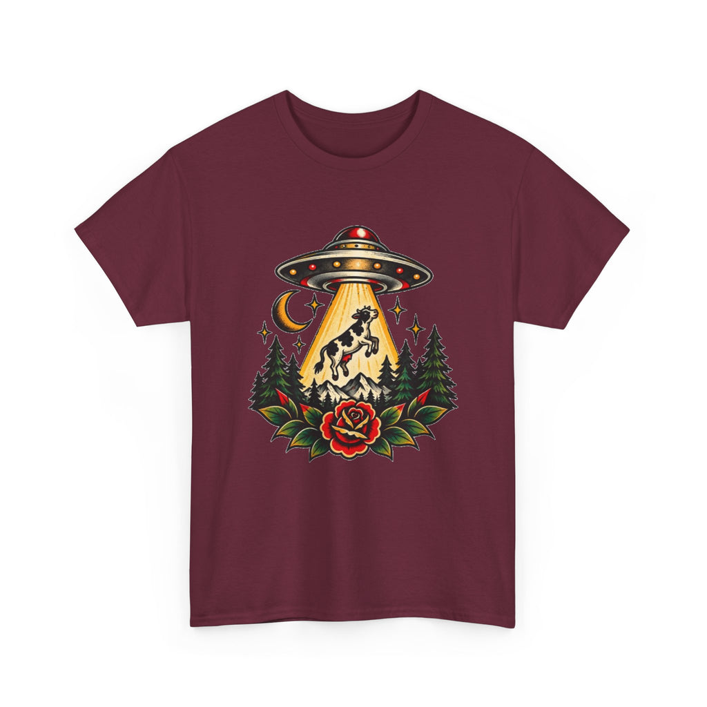 UFO Abduction Tee — Retro Alien Tractor Beam with Deer & Forest Tattoo Art