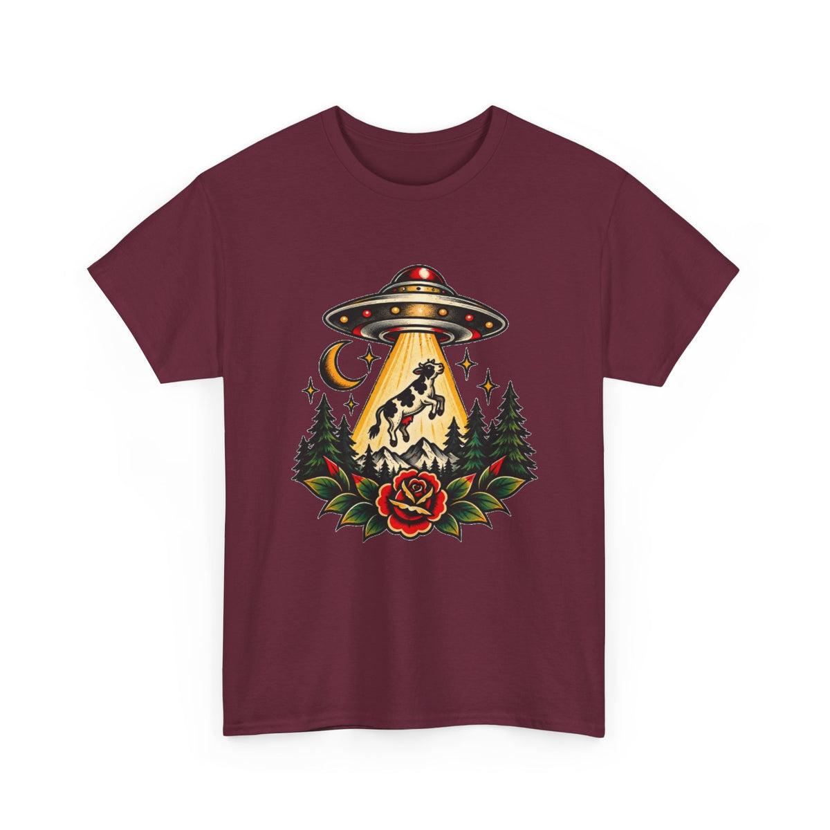 UFO Abduction Tee — Retro Alien Tractor Beam with Deer & Forest Tattoo Art