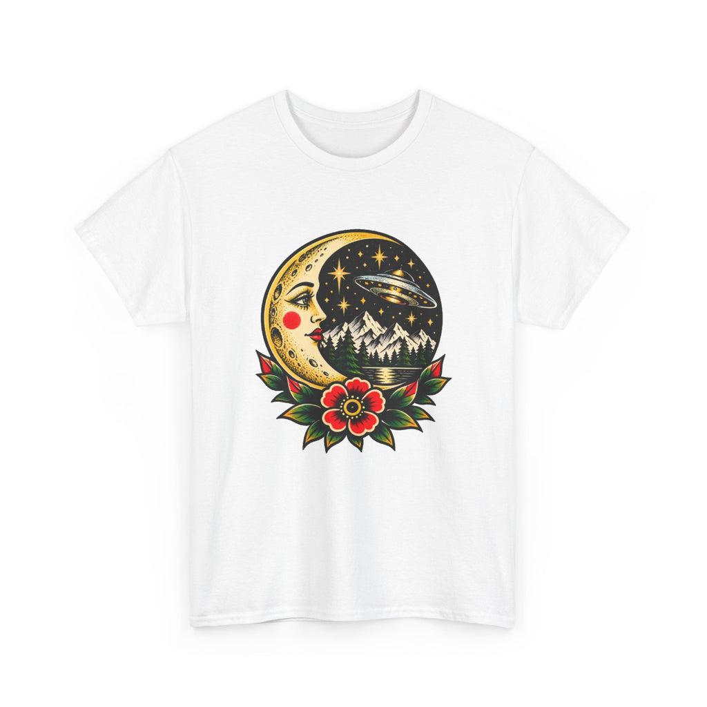 Moon & Forest Tattoo Tee — Vintage Crescent Moon, Night Sky and Flower Graphic T-Shirt