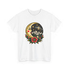 Moon & Forest Tattoo Tee — Vintage Crescent Moon, Night Sky and Flower Graphic T-Shirt