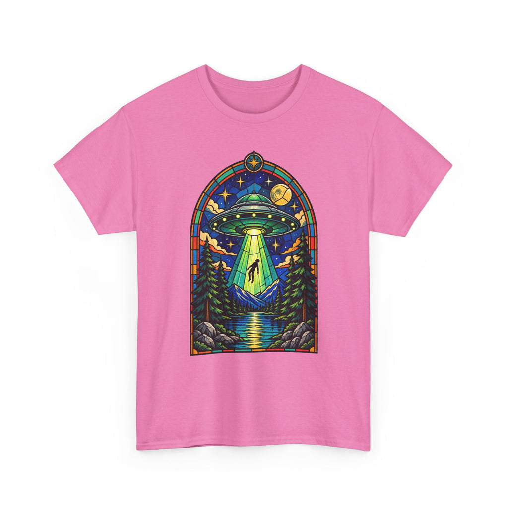 Stained Glass UFO Abduction T-Shirt | Alien Beam, Night Sky, Forest