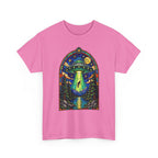Stained Glass UFO Abduction T-Shirt | Alien Beam, Night Sky, Forest