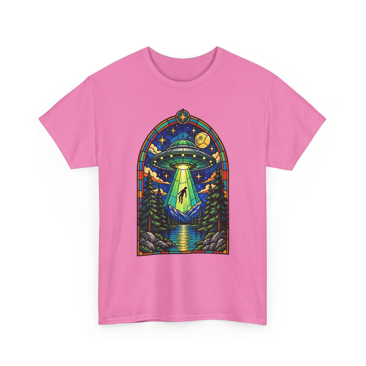 Stained Glass UFO Abduction T-Shirt | Alien Beam, Night Sky, Forest